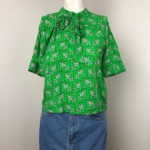 Zara Green Floral Patterned Bow Tie-Front Blouse Size XS